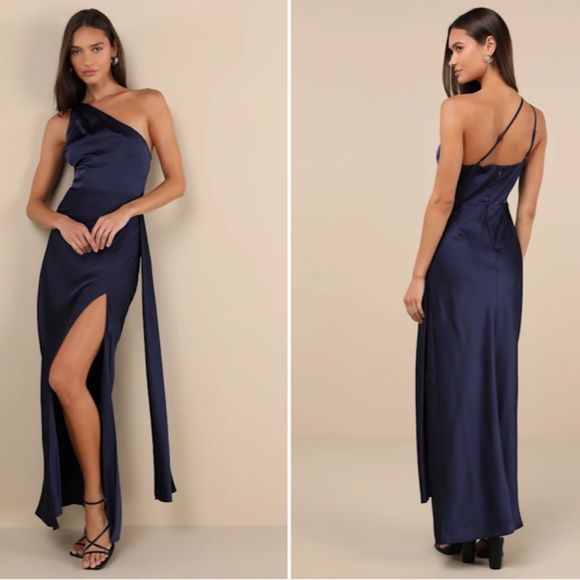 LULU's Sexy Prom Wedding Bridesmaid Chic Flirty Satin One Shoulder Elegant Maxi - Picture 1 of 7